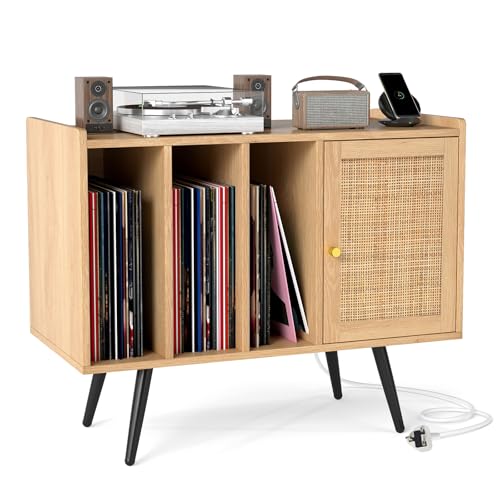 COSTWAY Record Player Stand with Charging Station, Turntable Stand End Side Table with Rattan Door & Shelves for 220 Albums, Metal Legs Vinyl Record Storage Cabinet Holder for Living Room Bedroom