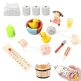 18 accesorios para casa de muñecas, juego de baño, accesorios de baño, accesorios de baño, miniatura, casa de muñecas, decoración con mini pasta de dientes, cepillo de dientes, esponja de baño, pato