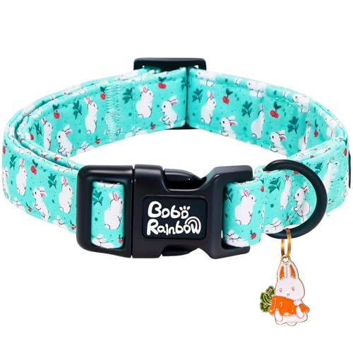 Image of Dog Collars, Easter White Rabbit Print Blue Pet Collar Holiday Cute Durable Adjustable Pendant Gift Collar with Quick Release Plastic Buckle for Large Dogs