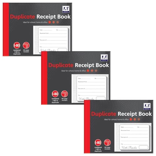 Duplicate Receipt Books Pack 3 Small Business - Invoice Pad Self Employed - Cash Receipt Book Carbon Paper - 80 Numbered Pages Microperforated Tear-Out Sheets