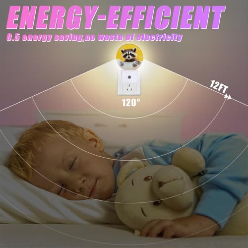 Image of Cute Raccoon Night Light Animal Night Lights LED Lamp Round Plug into Wall Nightlight with Dusk to Dawn Sensor Home Hallway Stairway Kitchen Decor