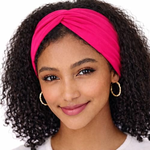 Womens Stretchy Twist Headbands Solid Color Non-Slip for Yoga Workout Running (Fuchsia Pink 1 Size)