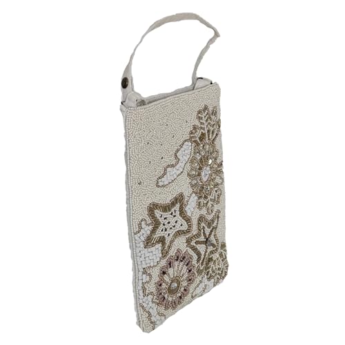 Bamboo Trading BTC Beaded Phone Crossbody Bag, Sea Life Starfish Design, 4x7.5 inches, Ivory and Gold, Adjustable Strap3