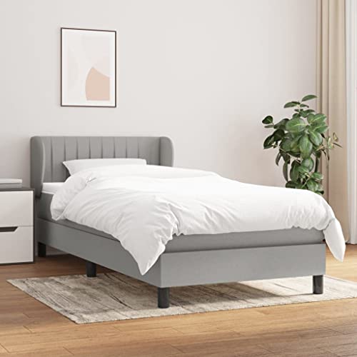 Drainlyn Cama con somier con colchón, color gris claro, 100 x 200 cm, de tela, cama tapizada individual con colchón de muelles ensacados, marco de cama de material resistente, muebles para dormitorio