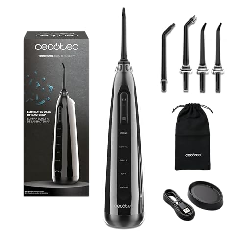 Cecotec Irrigador Bucal Portátil ToothCare 6000 Jet Liberty. Irrigador Dental, Autonomía 30 Días, Tanque 180ml, Presión Ajustable 30-80 PSI, Cabezales Magnéticos, Frecuencia Pulso 1500 veces/min, IPX7