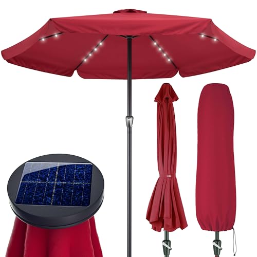 Kingsleeve® Sonnenschirm LED Beleuchtung UV Schutz 80+ Solar Schutzhülle 330cm Groß Kurbel Volant Balkon Terrasse Gartenschirm Marktschirm Rot