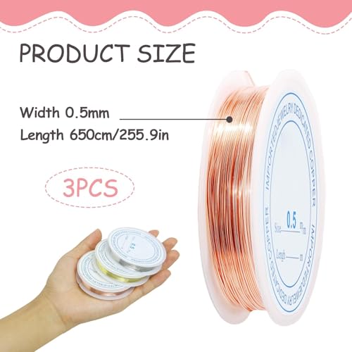 Miniatura 2 de Alambre De Joyería De Acero Inoxidable, 0,5 Mm De Alambre Manualidades,Copper Wire Para Hacer Joyas, Manualidades, Adornos Y Decoraciones Florales, Plata Oro Rosa, 3 Pack