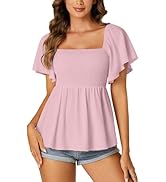 LYANER Women's Square Neck Smocked Peplum Top Ruffle Short Sleeve Shirred Babydoll Blouse