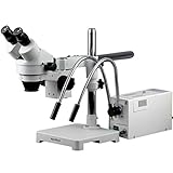AmScope SM-3BZ-FOD Professional Binocular Stereo Zoom Microscope, WH10x Eyepieces, 3.5X-90X Magnification, 0.7X-4.5X Zoom Objective, Dual-Gooseneck Fiber-Optic Light, Single-Arm Boom Stand, 110V-120V, Includes 0.5x and 2.0x Barlow Lens