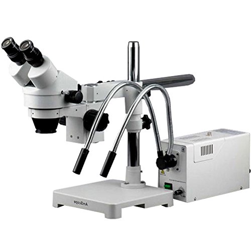AmScope SM-3BZ-FOD Professional Binocular Stereo Zoom Microscope, WH10x Eyepieces, 3.5X-90X Magnification, 0.7X-4.5X Zoom Objective, Dual-Gooseneck Fiber-Optic Light, Single-Arm Boom Stand, 110V-120V, Includes 0.5x and 2.0x Barlow Lens