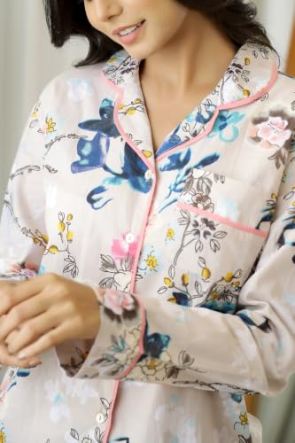 Image of SANSKRUTIHOMES Women's Premium 100% Cotton Printed Night Suit Set | Elegant Full Sleeve Collar Top & Pyjama | Soft & Breathable Premium Loungewear for Women