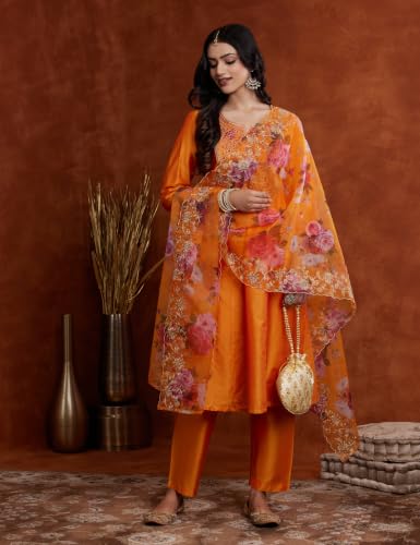 Image of Amazon Brand - Myx Women's Kurta Pant Set with Embroidered Organza Dupatta | A-line fit (Available in Plus Sizes)