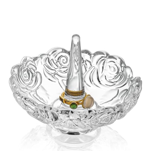 H&D HYALINE & DORA 4”Clear Crystal Ring Holder,Round Glass Ring Dish,Jewelry Rack Ring Holder for Wedding,Jewelry Display Gifts for Mom Wife Girlfriend