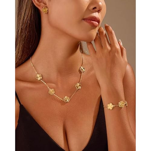 Hanaoops Jewellery Set for Women Girls 18K Gold Plated Stainless Steel Double-sided Four-Leaf Clover Pendant Necklace Stud Earrings Bracelet Adjustable Jewellery Sets Birthday Gifts 3 PCS - Image 2