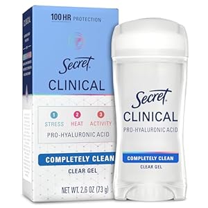 Secret Clinical Strength Antiperspirant Deodorant for Women, 100hr Sweat & Odor Protection, 3X Stress Protection with Hyaluronic Acid, PH Balancing Minerals, Clear Gel, Completely Clean Scent, 2.6 oz