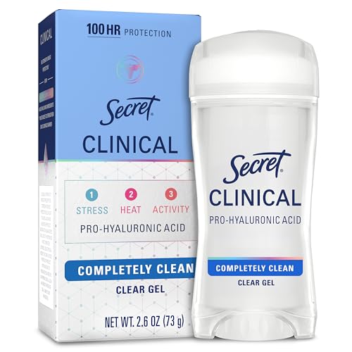 Secret Clinical Strength Antiperspirant Deodorant for Women, 100hr Sweat & Odor Protection, 3X Stress Protection with Hyaluronic Acid, PH Balancing Minerals, Clear Gel, Completely Clean Scent, 2.6 oz