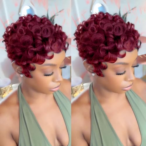 RUISENNA Pixie Cut Wig Human Hair for Black Women Glueless Curly Human Hair Wig Burgundy Dark Red 99J Finger Wave Easy to Wear and Style for Everyday Looks