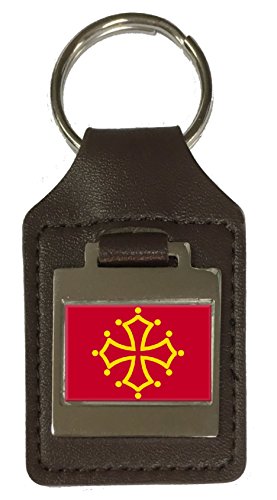 Porte-clés gravé drapeau France et Midi-Pyrénées en cuir véritable premium