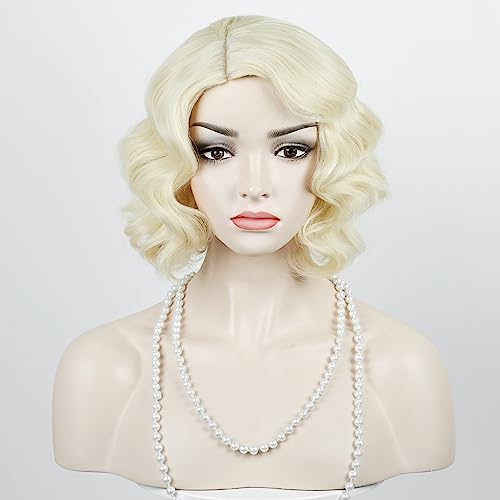 Aicos 1920S Blonde Curly Finger Wave Wig, Vintage Retro Costume Wig Flapper Theatrical Costume Premium Wig With Headband #TOP3