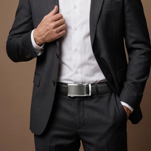 Image of JINIU Men's Ratchet Belt Buckle, Black Genuine Leather Slide Belt for Men Dress Suit, Micro Adjustable Trim to Fit Boxed