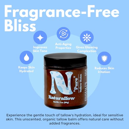 Naturallow Unscented Grass Fed & Finished Tallow Balm - Multi-Purpose Fragrance-Free Tallow Moisturizer For Dry Skin, Eczema, & Sensitive Skin
