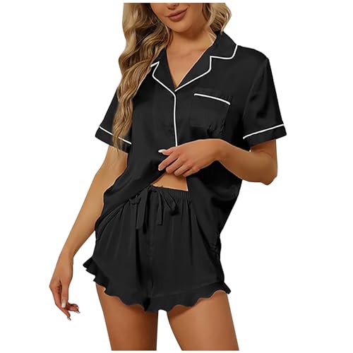 Pijama para mujer, camisa de satén con botones, pijamas, pantalones cortos, conjunto de pijama para mujer, ropa de dormir suave de seda helada, ropa de dormir y descansar, trajes casuales para el