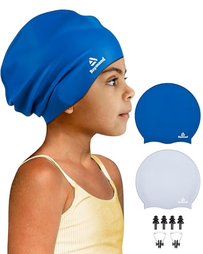 Reymand 2 Pack Kids Extra Large Swimming Cap for Long Thick Hair Waterproof Silicone Swimming Hat for Toddler Child Youth Girls Boys Durable Swim Cap Bathing Caps for Braids Afros(Navy+Grey)