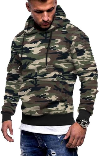 COOFANDY Herren-Workout-Hoodie, leichtes Fitnessstudio, sportliches Sweatshirt, modischer Pullover mit Kapuze und Tasche Green Camo XL