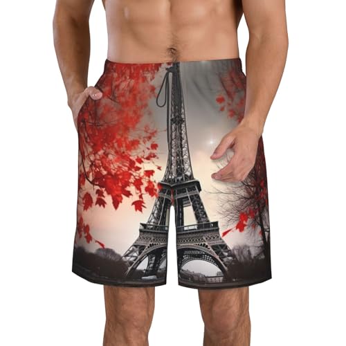 Mens Swim Trunks Quick Dry Board Shorts with Pocket Men Swim Shorts Eiffel Tower Autumn Leaves Beach Bathing Suits
