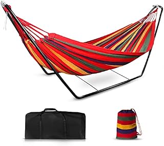 Hammock with Stand, Double Cotton Hammock with Space-Saving Steel , Adjustable Stand and Large Carrying bags , 2 x White Ropes,2 x Hook for Child Adults to Outdoor Garden /Travel /Hiking