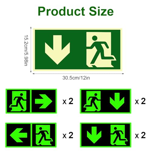 8 Stück Notausgangsschild Nachleuchtend Selbstklebend Fluchtwegschilder PVC Notausgang Schild Fluchtwegschilder Nachleuchtend Hochwertiges Notausgangsschild (300x150mm)