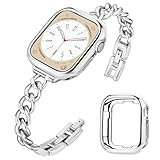 Pleixiu おしゃれ アップルウォッチ バンド Apple Watch バンド 超細シングルチェーンメタル ベルト 保護ケース付き レディース 38mm 40mm 41mm 互換iWatch Series 9 SE 8 7 6 5 4 -シルバー