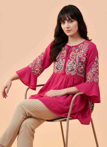 Image of Bee M Pee Designer Women's Short Kurti Navy Embroidered Viscose Rayon Tunic Tops