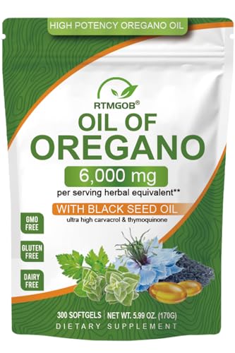 RTMGOB Oil of Oregano Softgels with Black Seed Oil Supplements,2 in 1 Oregano Supplement for Immune Health |Retains High Concentrated Carvacrol & Thymoquinone,Non-GMO-300 Softgels