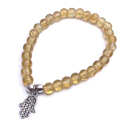 HAMSA Hand Charm Bracelet - 6mm Champagne Yellow Crackle Glass Beads on Elastic - Size S 6.5 inches