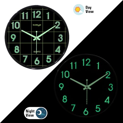 Image of RANDOM Modern 12.75INCH Wall Clock with 3D Radium Numbers, Silent Non-Ticking, Premium Black Frame, Ultra Clear Glass for Living Room, Home Office
