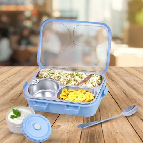 Image of ATTRO Lunch Pro Deluxe 3 Lunch Box with Detachable Inner Steel Compartments, Spoon, one Small Container, Heating Water Insulation Design, Foodgrade, Leakproof-750ml Blue