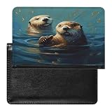 Sea Otters Painting Passport Holder for Travel Document Holders PU Leather Credit Card Holder Minimalist Front Pocket Wallet Fashion Passport Wallet Cover Case Slim Bifold