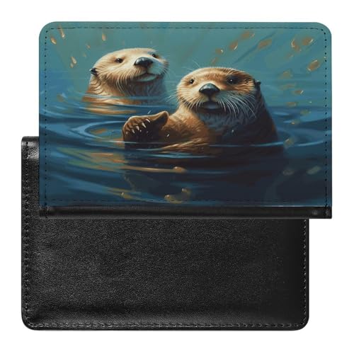 Sea Otters Painting Passport Holder for Travel Document Holders PU Leather Credit Card Holder Minimalist Front Pocket Wallet Fashion Passport Wallet Cover Case Slim Bifold