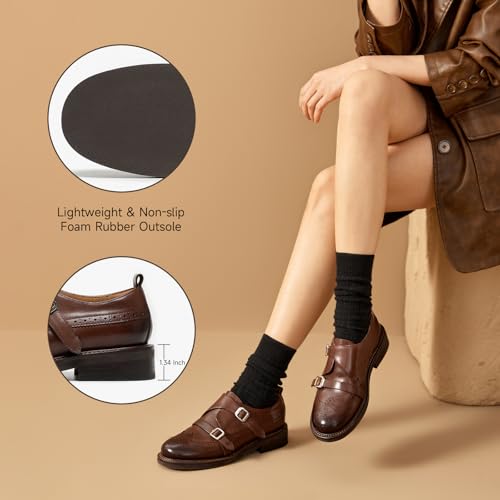 Image of BEAU TODAY Women's Leather Loafers, Wingtip Brogue Monk Strap Shoes | Genuine Leather, Round Toe, Low Heel, Metal Buckle, Non-Slip, Comfortable Business Casual Flats for Work and School