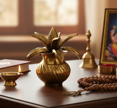 Image of eSplanade Brass Kalash Kalasha with Coconut Shriphal Leaves for Temple Attire - Decorative Items - Home Decor - Golden - 4.5 inch Inches