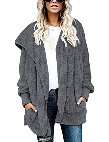Womens Fuzzy Jacket Sherpa Coat Open Front Hooded Cardigan Outwear With Pockets (Dark Grey,L) #TOP3