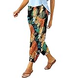 Womens Casual Capri Pants Elastic Waist Drawstring Summer Lounge Baggy Trousers Cinch Bottom Floral Print Pants with Pockets