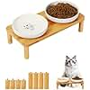 DoogCat Elevated Cat Bowls for Indoor Cats – Raised Bamboo Cat Food Table with 2 Ceramic Dishes, Adjustable Height (4.25"/3.07"), Whisker Friendly Feeding Station