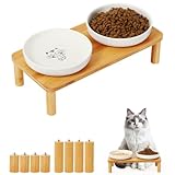 DoogCat Elevated Cat Bowls for Indoor Cats – Raised Bamboo Cat Food Table with 2 Ceramic Dishes, Adjustable Height (4.25"/3.07"), Set of 1