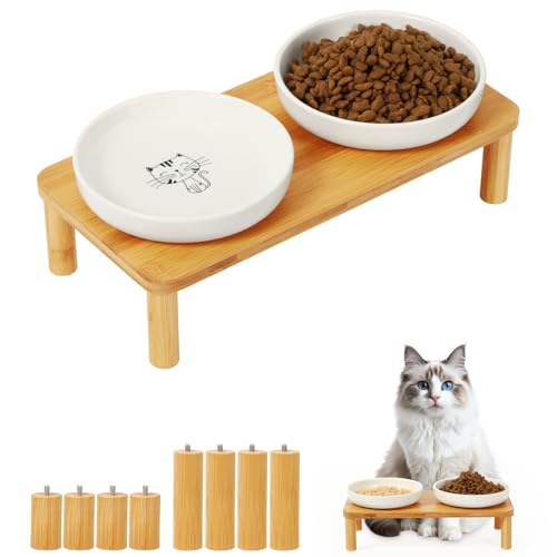 DoogCat Elevated Cat Bowls for Indoor Cats – Raised Bamboo Cat Food Table with 2 Ceramic Dishes, Adjustable Height (4.25"/3.07"), Set of 1