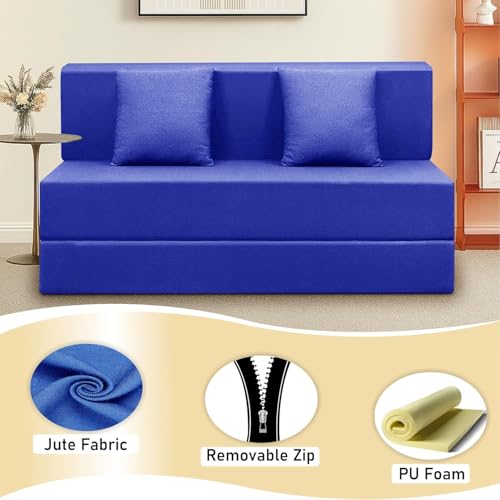Image of Foldable 2-Seater, 4X6 Sofa Bed | Convertible Sofa Cum Bed with Cushion Jute Fabric Perfect for Living Rooms & Guest Rooms - Blue