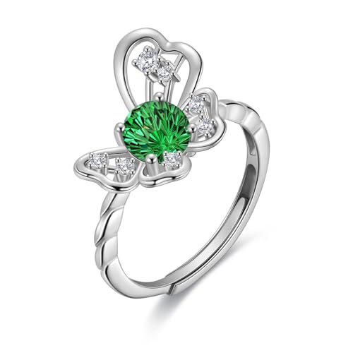 Birthstone Butterfly Opening Ring - 925 Sterling Silver Firework-Cut Cubic Zirconia May Emerald Adjustable Ring Anniversary Promise Ring Birthday Jewelry Gift for Women Mom Daughter DR0165G