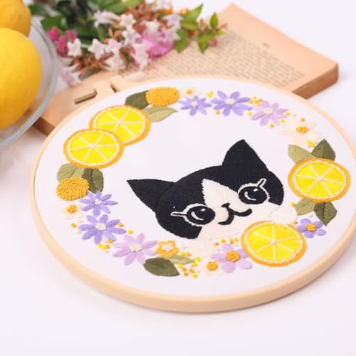 Image of VIRFONOR 4Pack Embroidery Kit for Beginners and Women,Embroidery Cross Stitch Kits with Easy Stamped Floral Pattern, Embroidery Hoop,Tools and Step-by-Step Instructions (Cat Pattern)
