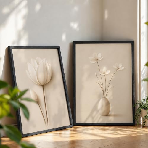 Image of NoWorries Minimal Lotus Flower Wall Painting Set of 2 with Frame | Soft White Floral & Vase Botanical Artwork, Neutral Beige Nature Wall Decor for Living Room, Bedroom, Office and Home Decoration (Art-15, 21x31inch)